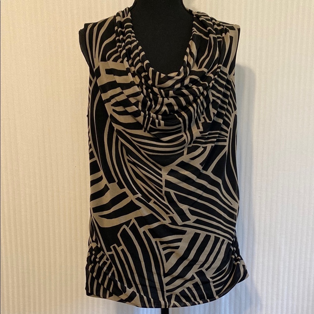 Abstract Geometric Cowl Neck Blouse Black Tan Draped Ruched Y2K Mod Large